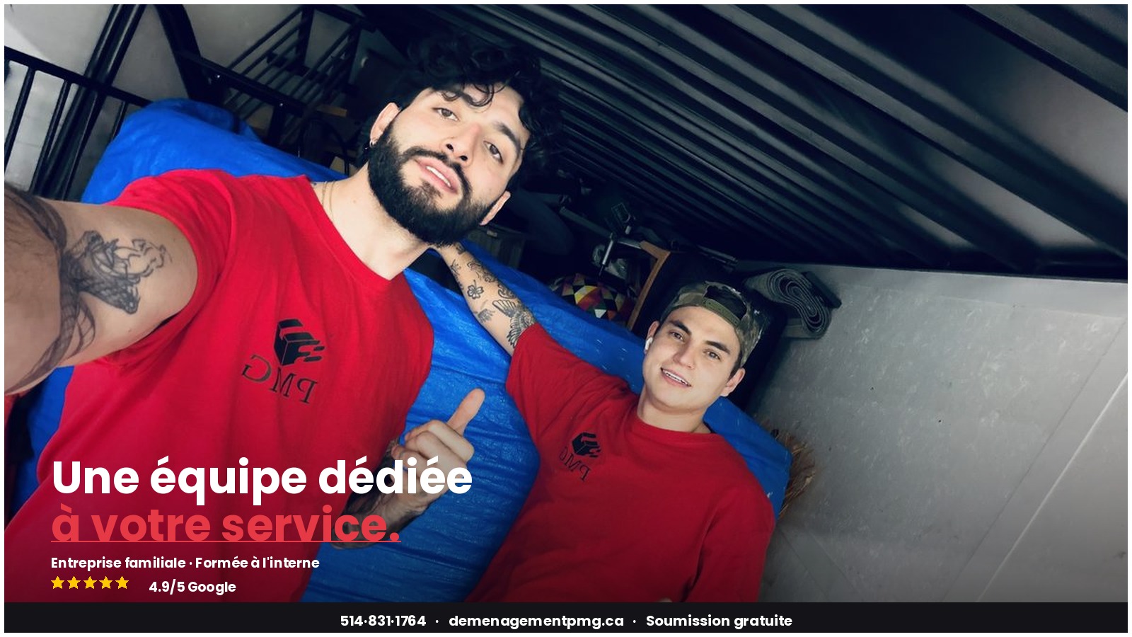 L'équipe PMG — selfie des déménageurs professionnels de Montréal
